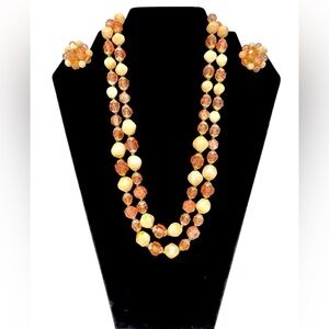 Vintage 50's Hong Kong Double Strand Peach Irridescent Bead Necklace & Earrings